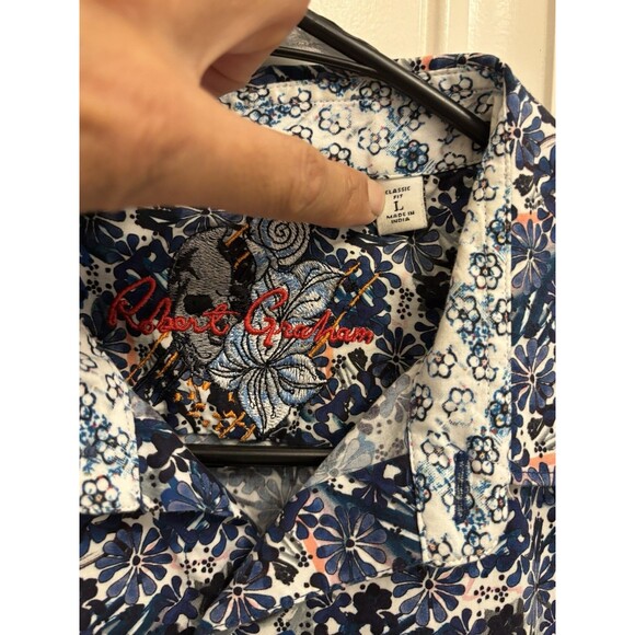 Robert Graham Shirt Medium Blue Floral Short Sleeve Button Up colorful stretch - Picture 2 of 7